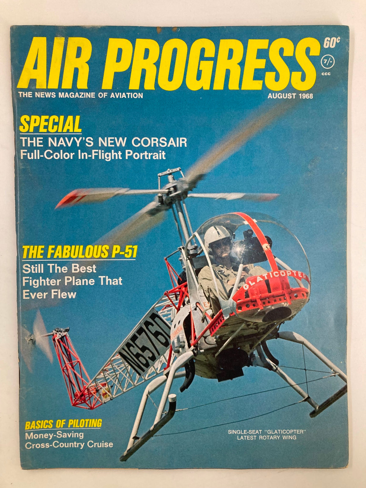 Cover of VTG Air Progress Magazine August 1968 showcasing the Single-Seat Glaticopter, featuring a vibrant blue background and detailed images of the aircraft.