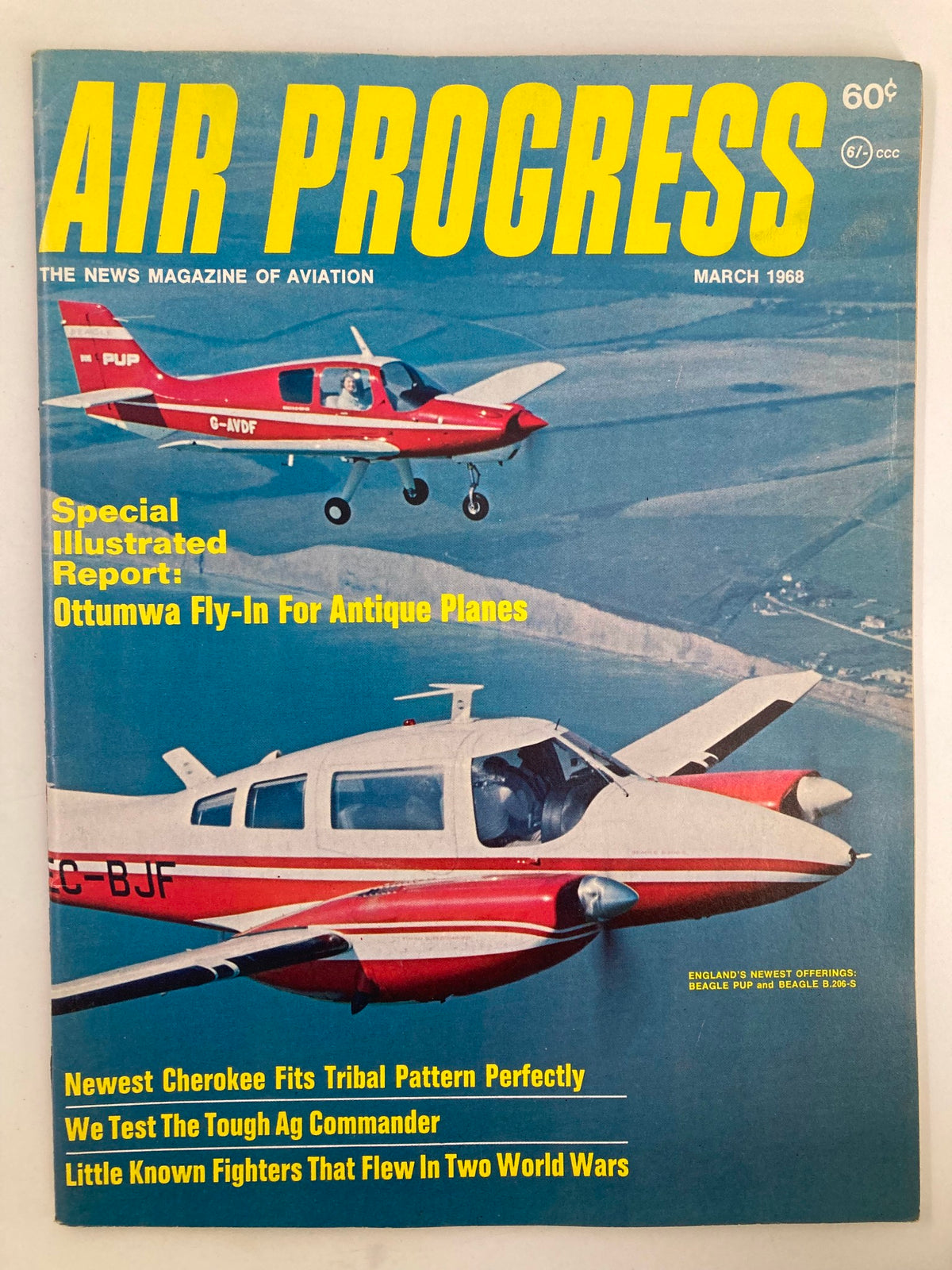 Cover of VTG Air Progress Magazine March 1968 featuring the Beagle Pup and B.206-S airplanes with headlines on aviation topics, capturing a vintage snapshot of aviation history.