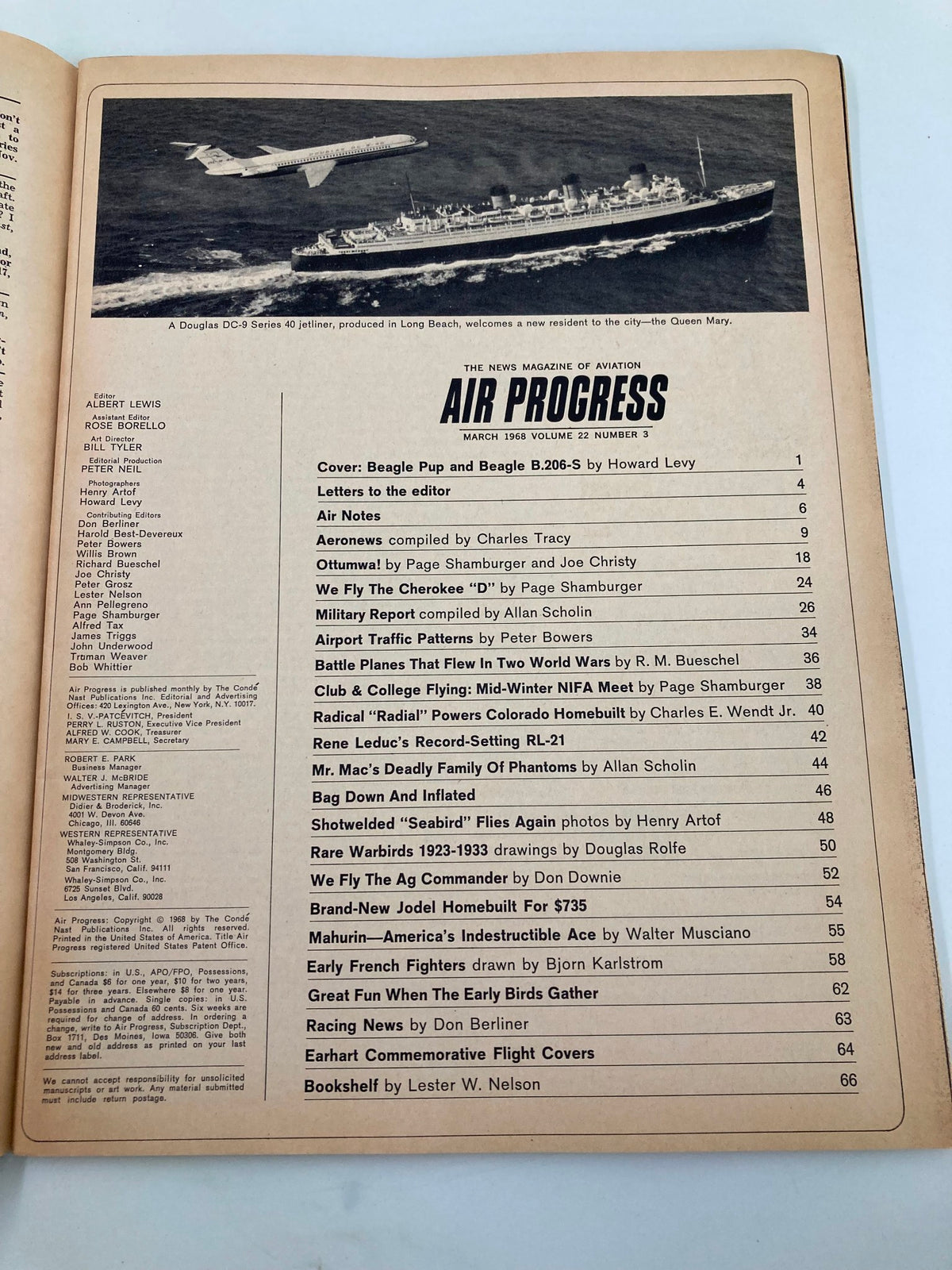 Contents page of VTG Air Progress Magazine March 1968, featuring articles on Beagle Pup, B.206-S, and various aviation topics.