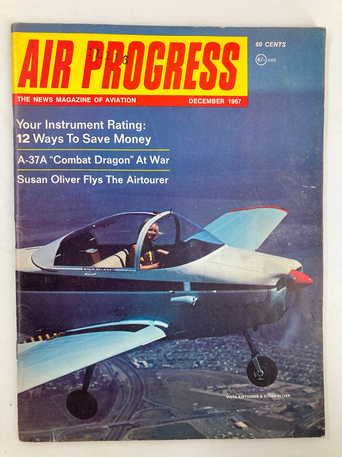 Cover of VTG Air Progress Magazine December 1967 featuring the Victa Airtourer and actress Susan Oliver, highlighting aviation topics and articles.