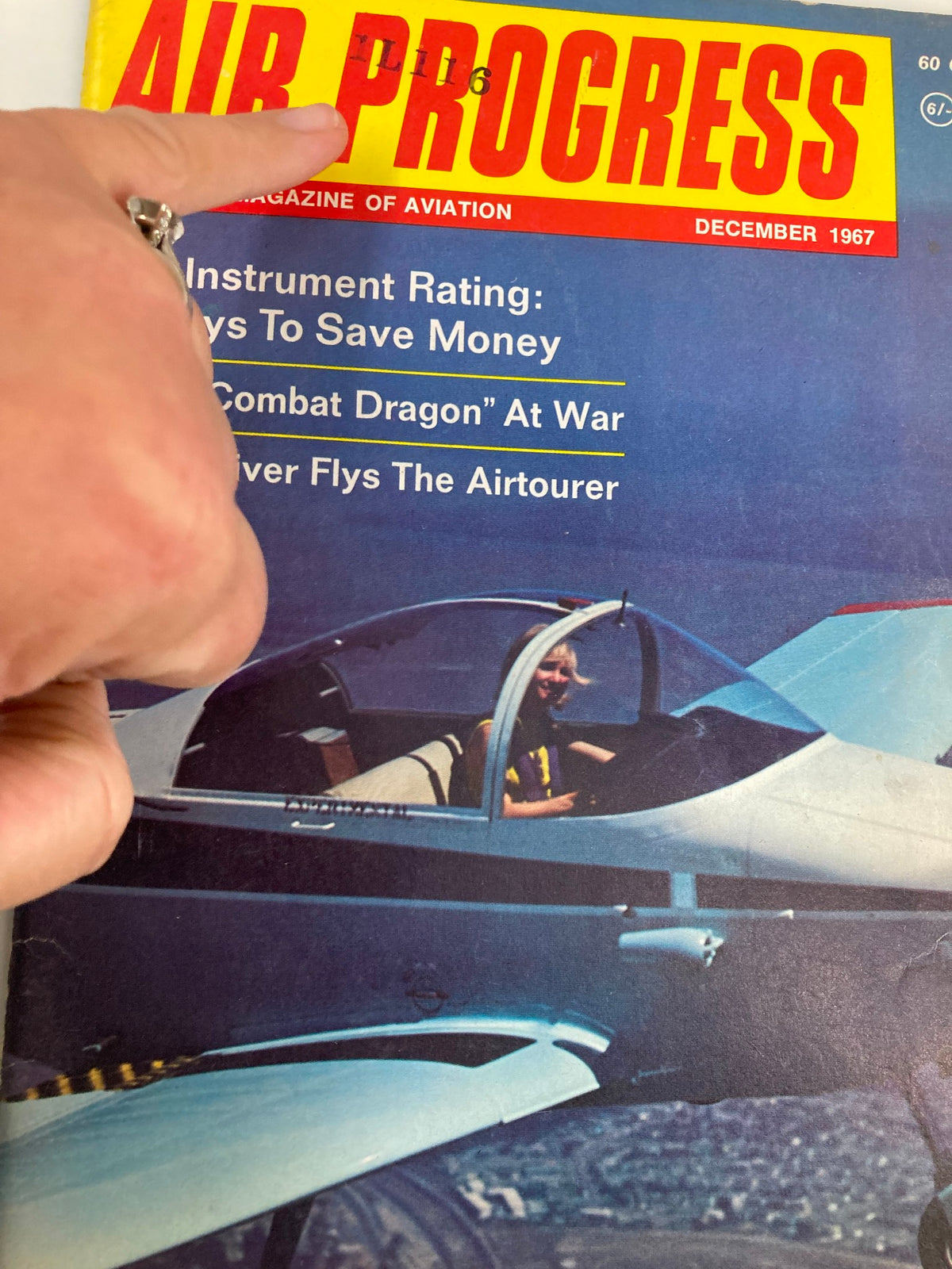 Close-up of the cover of VTG Air Progress Magazine December 1967, displaying aviation articles and Susan Oliver flying the Victa Airtourer.