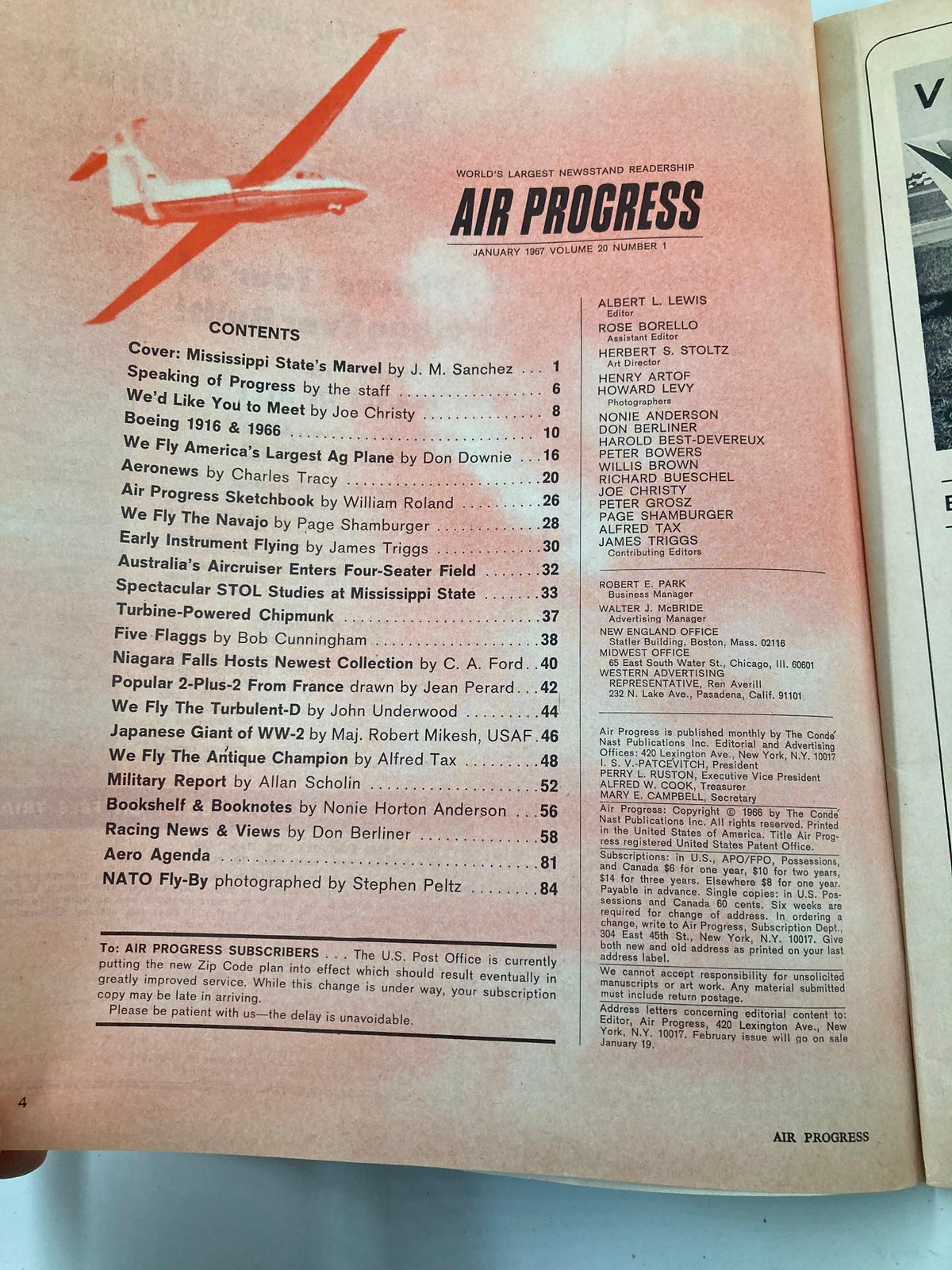 Interior page of VTG Air Progress Magazine January 1967 featuring contents and editorial information, documenting aviation history from biplanes to supersonics.