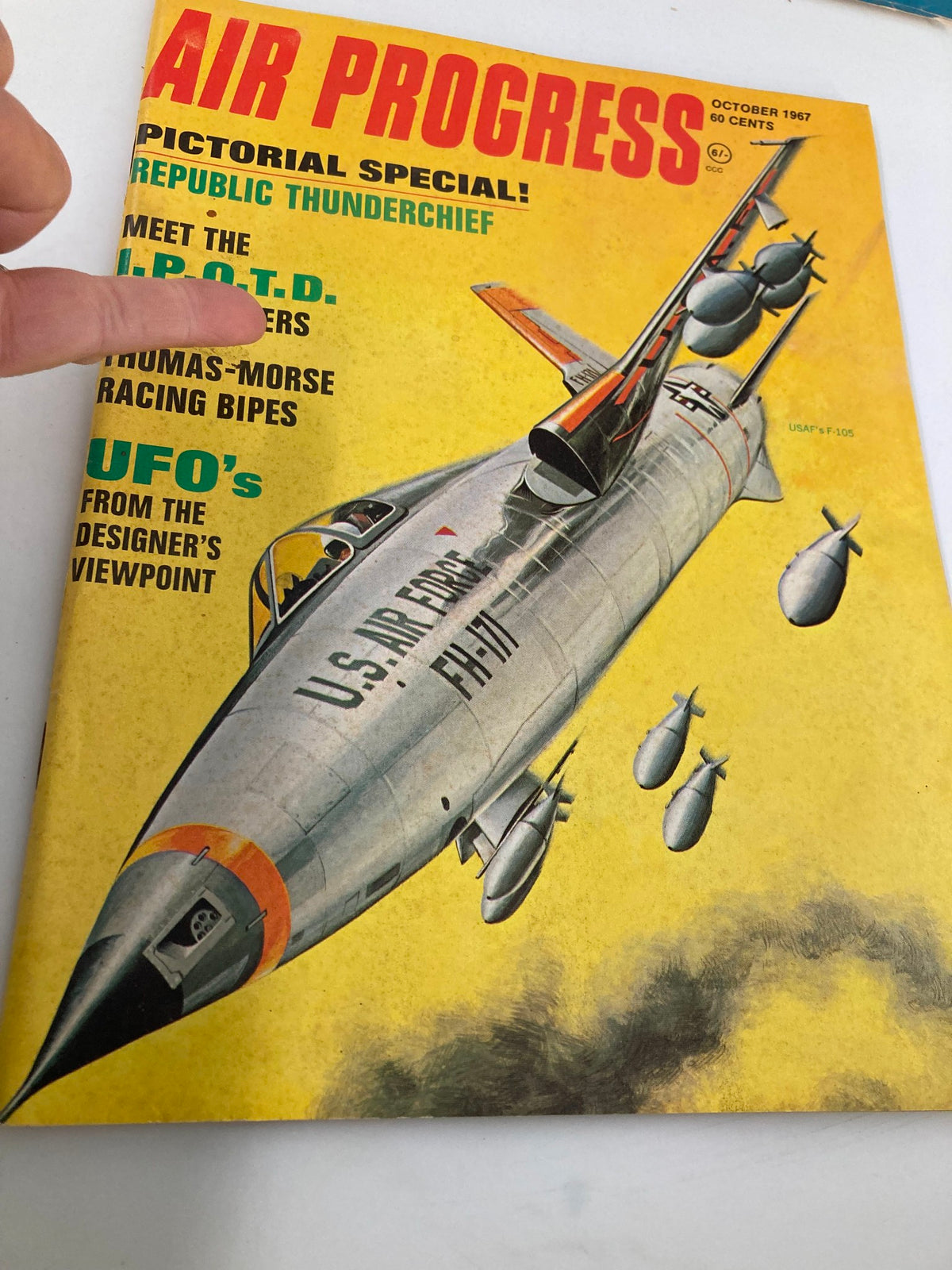 Close-up view of the VTG Air Progress Magazine October 1967 cover, emphasizing the U.S. Air Force F-105 Thunderchief with detailed artwork.