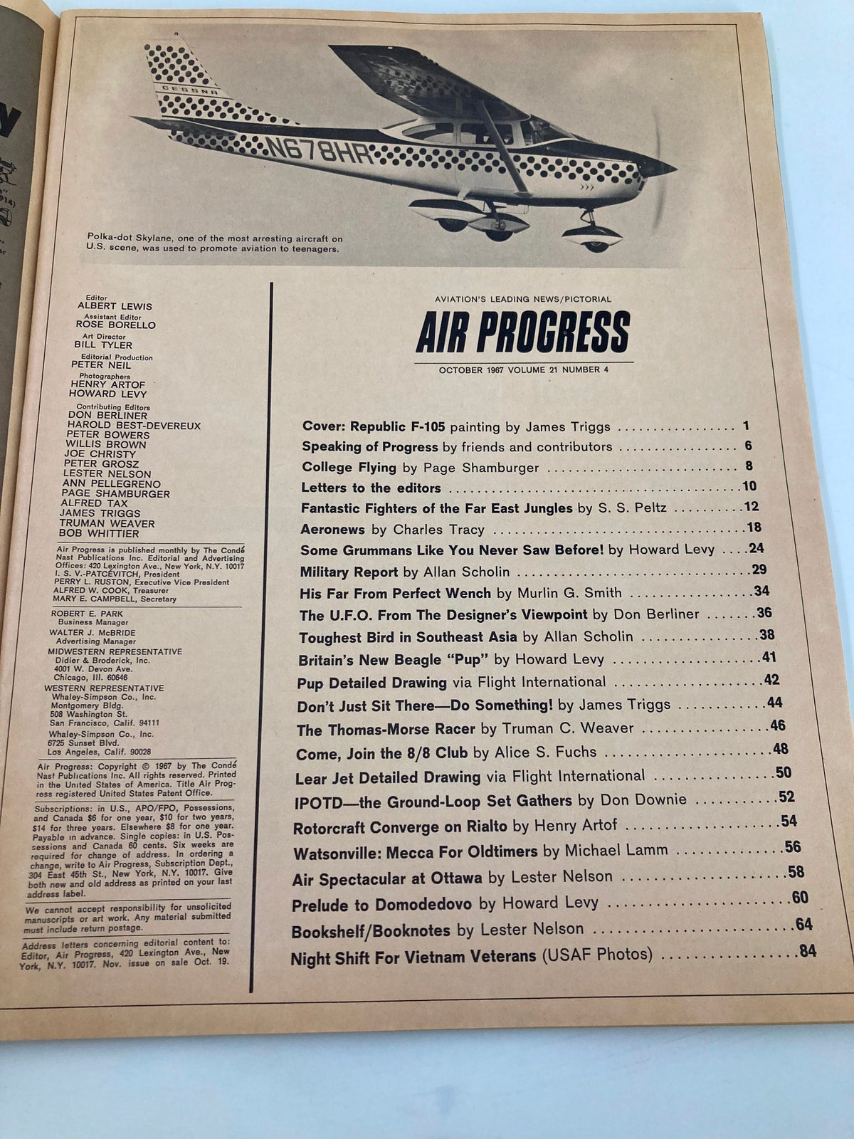 Inside page of the VTG Air Progress Magazine October 1967 detailing the magazine's contents and articles related to aviation.