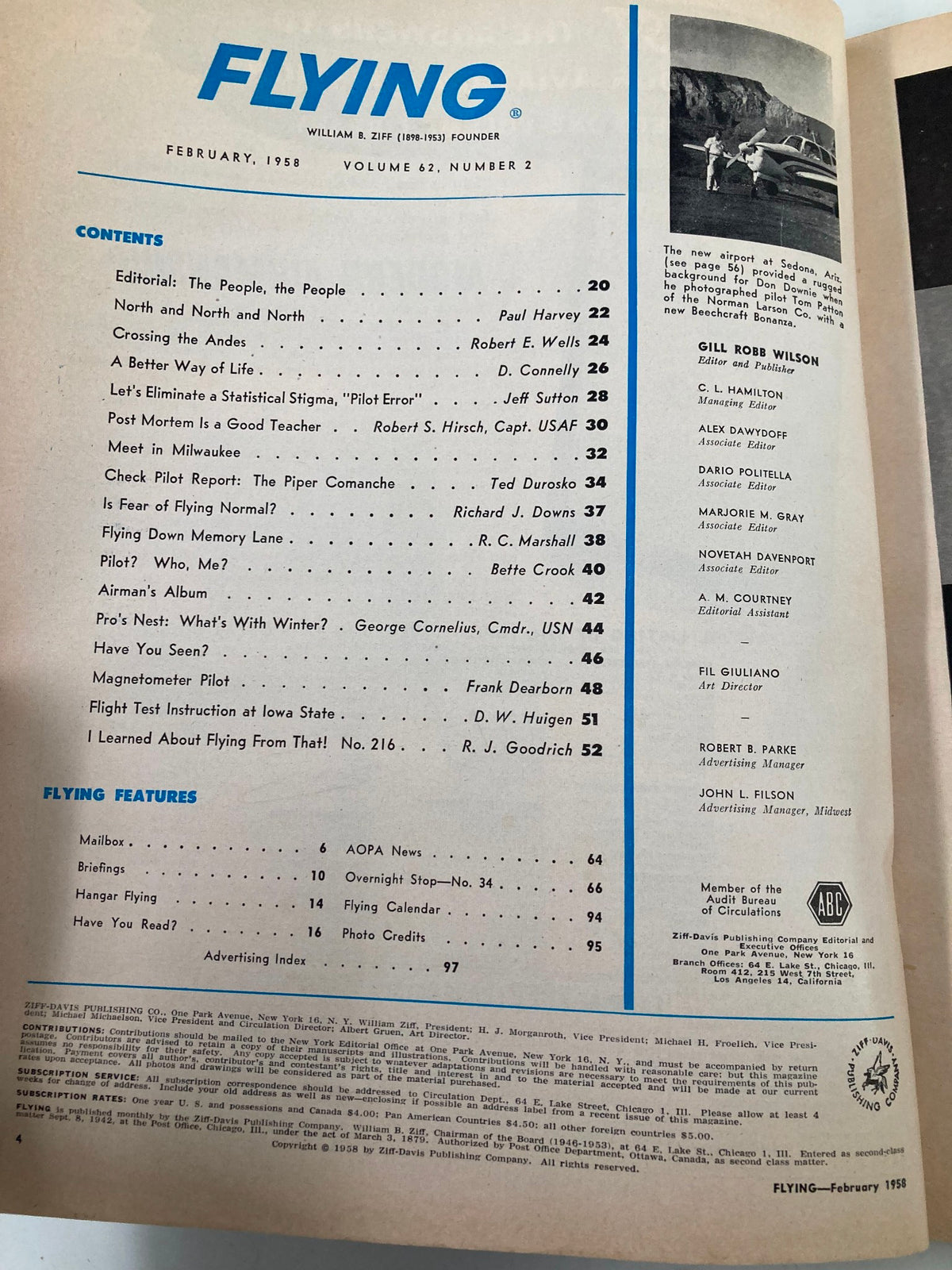 Contents page of VTG Flying Magazine February 1958, showcasing articles and features from that issue.