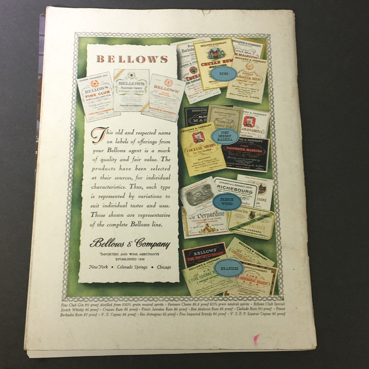 Back cover of VTG Gourmet: The Magazine of Good Living, March 1948, showcasing vintage advertisements and labels from Bellows & Company.