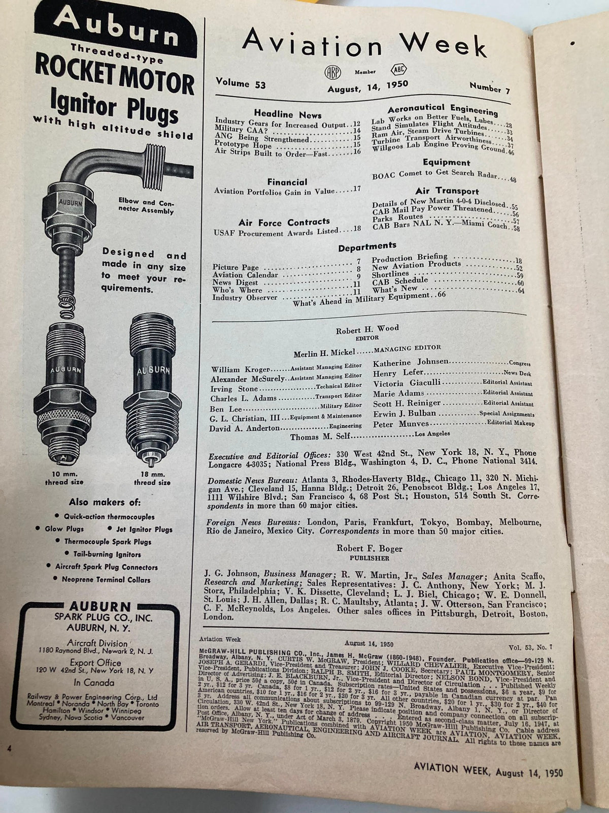 Inside page of VTG Aviation Week Magazine August 14 1950 listing headlines and articles related to aviation advancements and military updates.