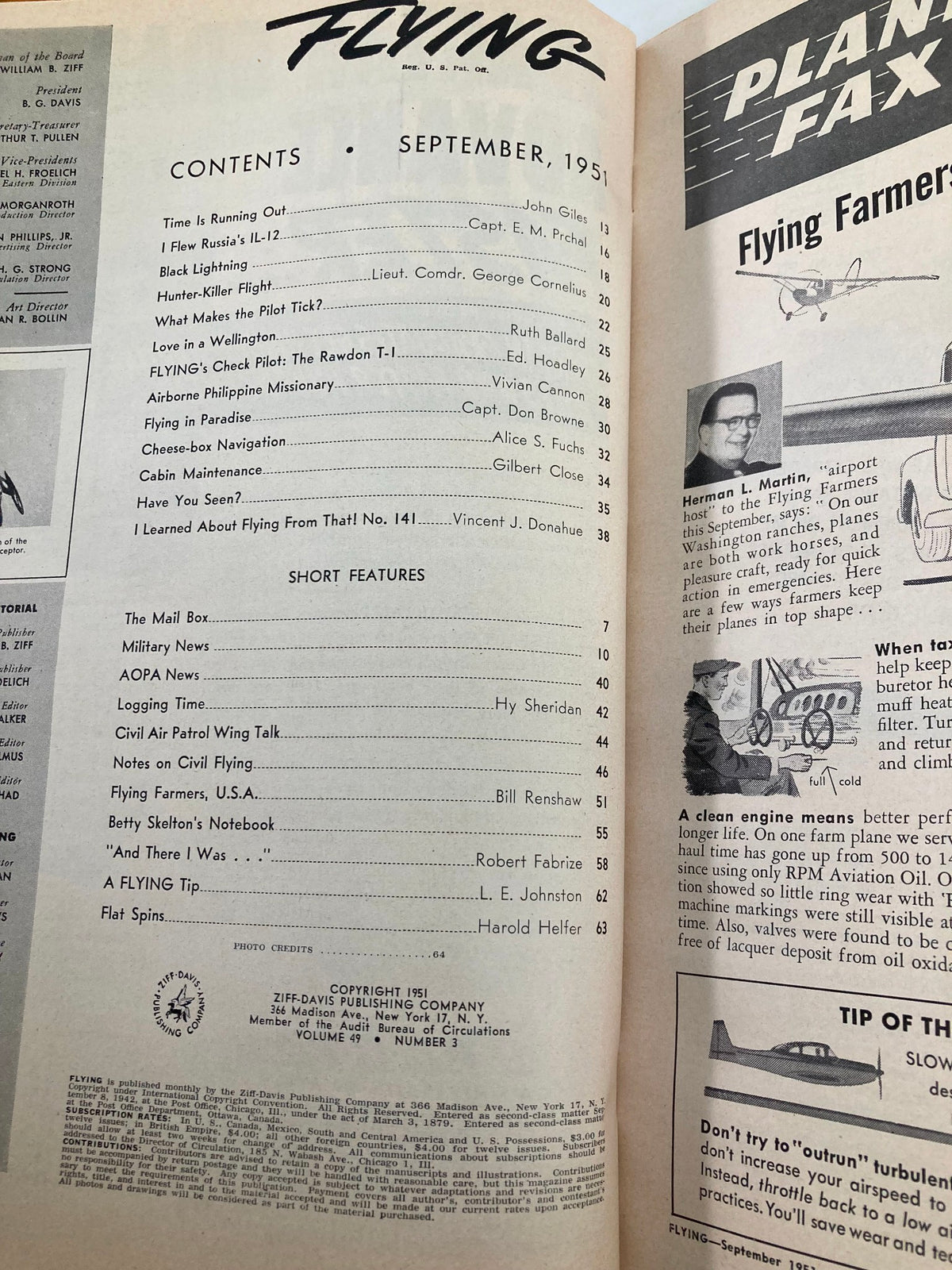 Inside contents page of VTG Flying Magazine September 1951 featuring articles including Black Lightning CF-100 Jet Fighter and aviation insights.