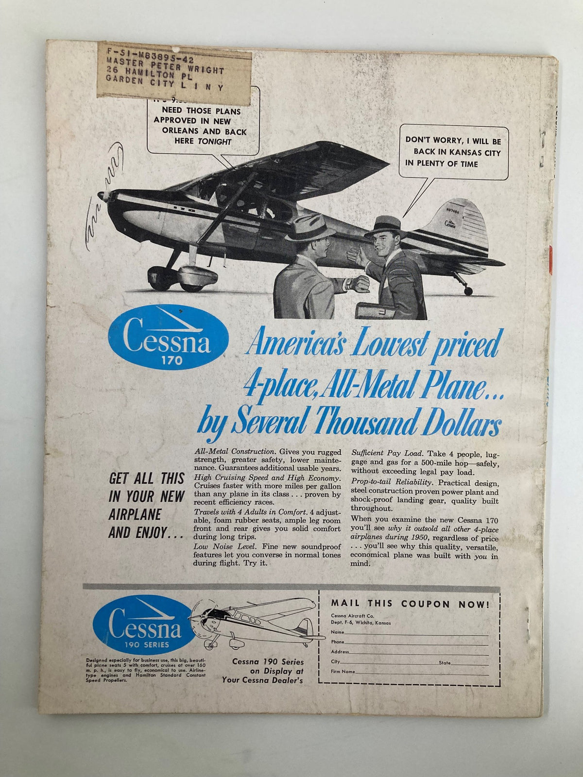 Back cover of VTG Flying Magazine September 1951 displaying an advertisement for Cessna 170 aircraft.
