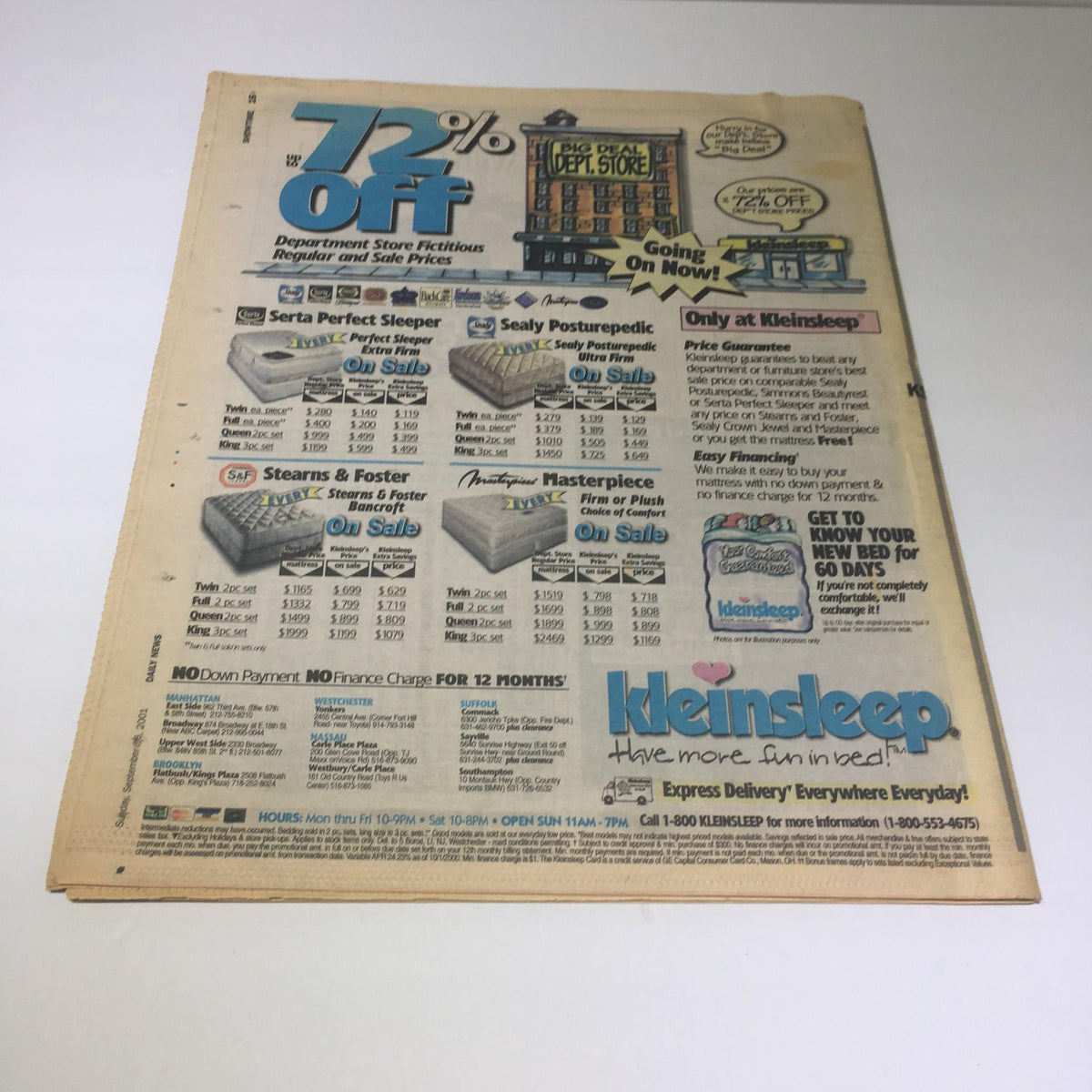 Advertisement page from the New York Daily News dated September 16, 2001, showing various sales including mattresses, with a focus on discounts and promotions.
