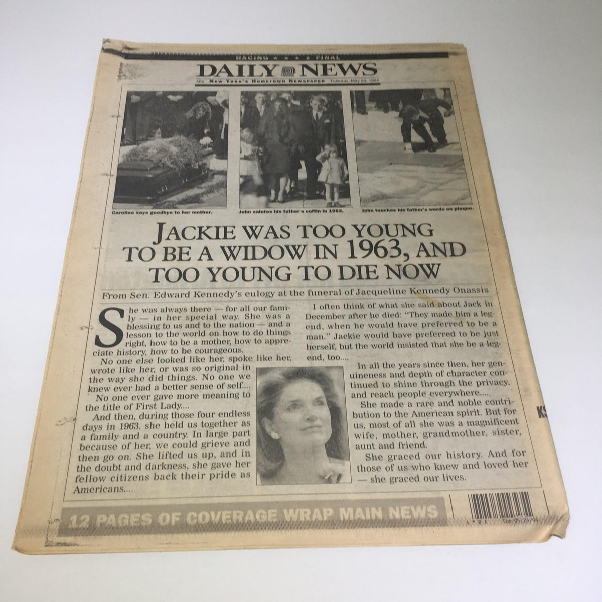 NY Daily News: May 24 1994 front page with an article about Jackie Kennedy, featuring an image of her and text discussing her life and legacy.