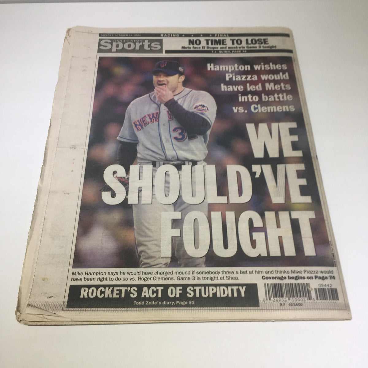 Front page of NY Daily News from October 24, 2000, showing the title 'WE SHOULD’VE FOUGHT' with an image of Mike Hampton and discussion surrounding Roger Clemens.
