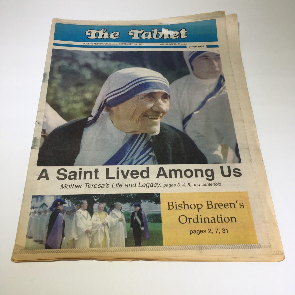 The Tablet newspaper from September 13, 1997, featuring the cover story 'A Saint Lived Among Us' focused on Mother Teresa's Life & Legacy, showcasing a smiling Mother Teresa.