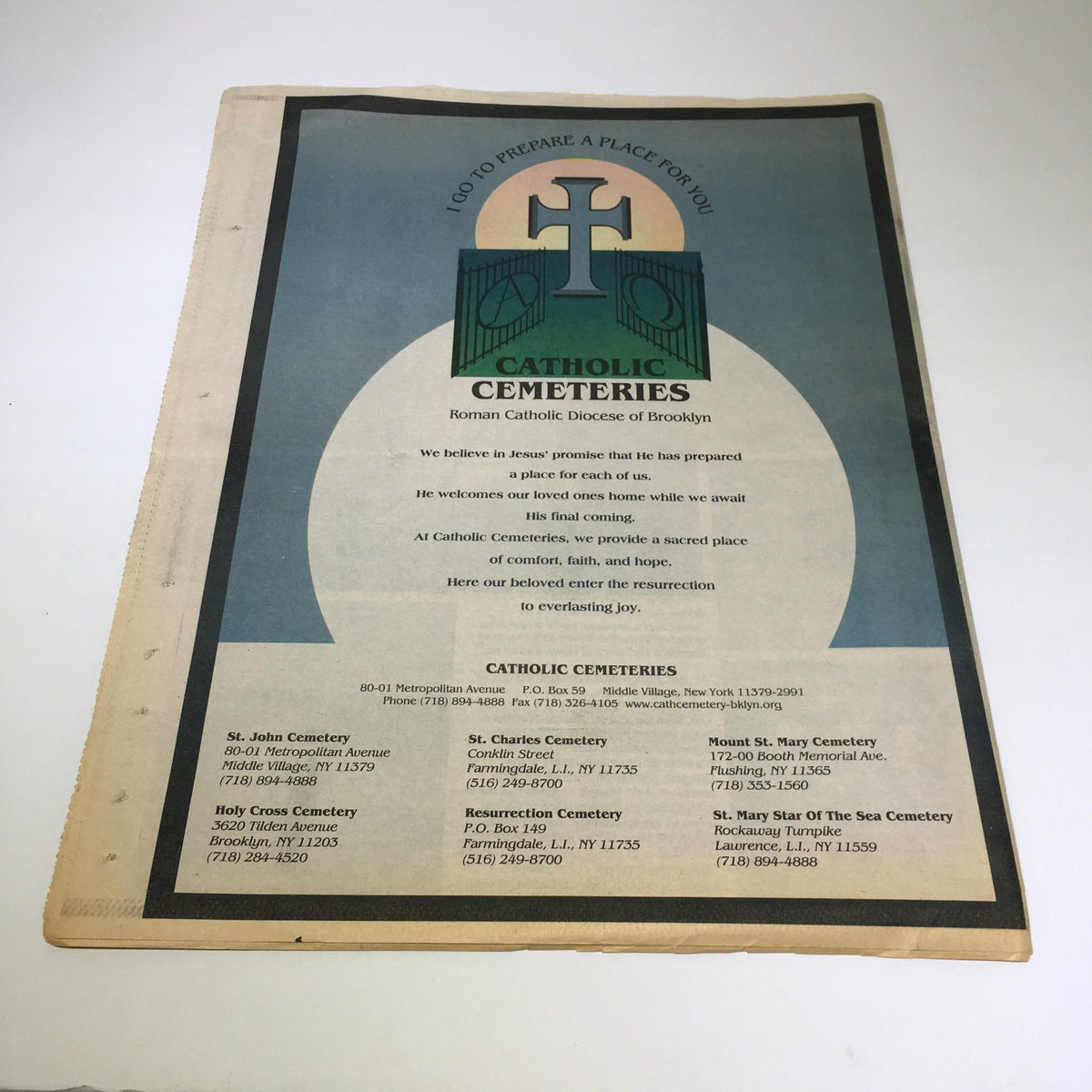Back cover of The Tablet newspaper from September 13, 1997, displaying information about Catholic Cemeteries in the Roman Catholic Diocese of Brooklyn.