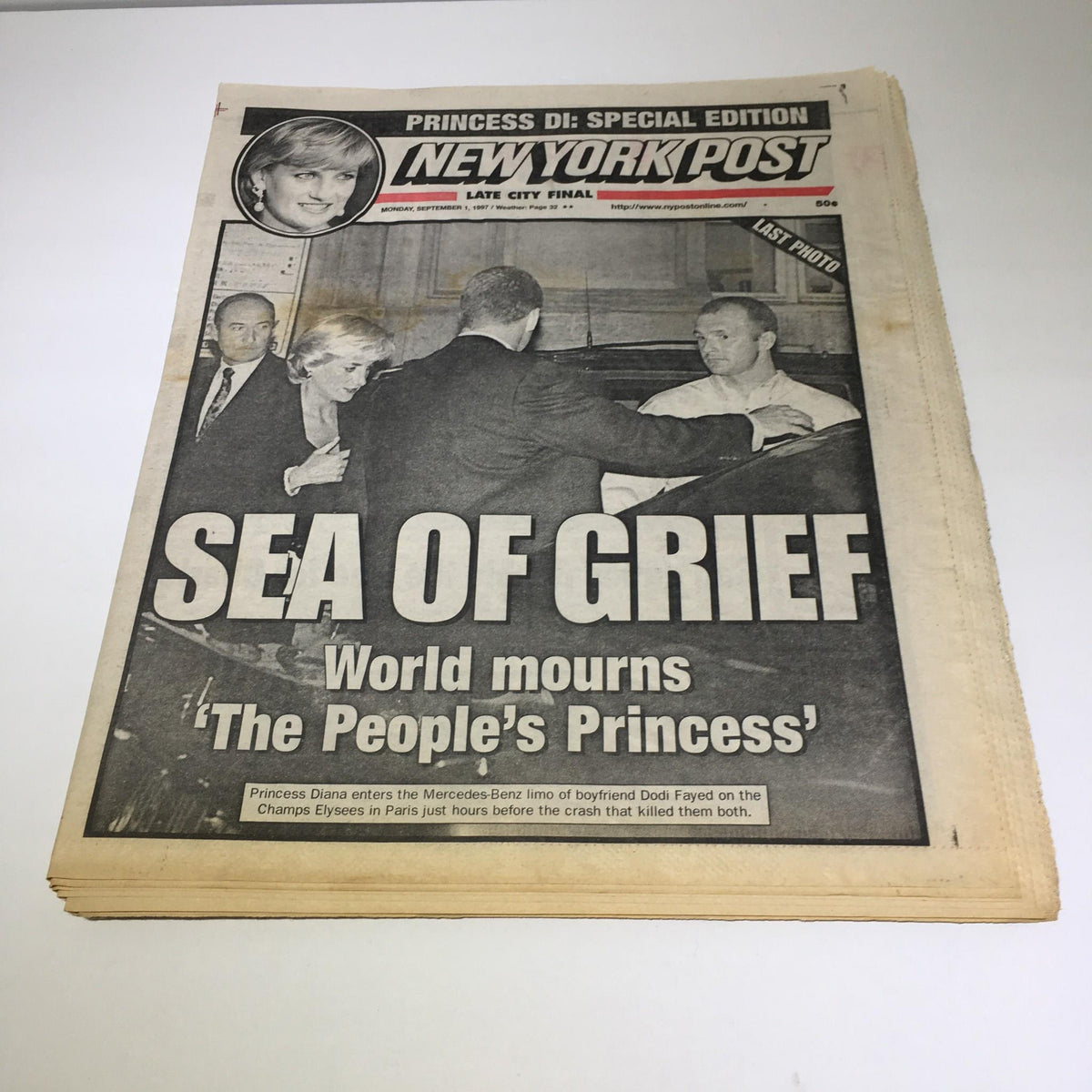 New York Post special edition, September 1, 1997, titled 'Sea Of Grief: World Mourns The People's Princess Diana.' The cover features a prominent headline with a photograph of a somber scene.