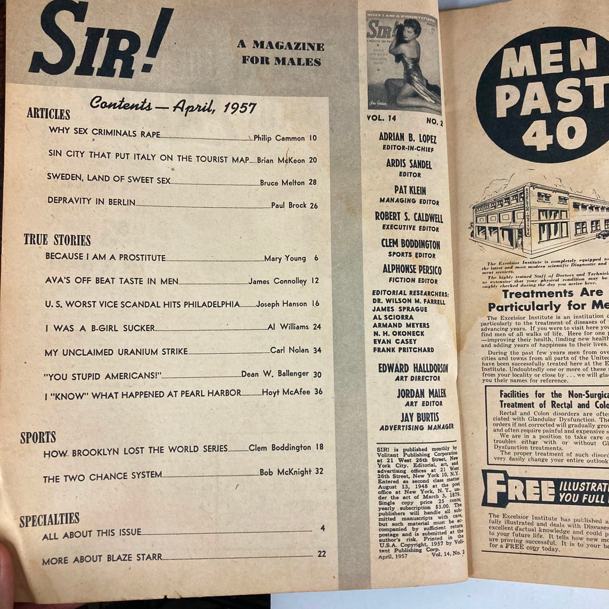Inside contents page of VTG Sir! Magazine April 1957 Vol 14 No 2 detailing articles including "Ava's Off Beat Taste in Men."
