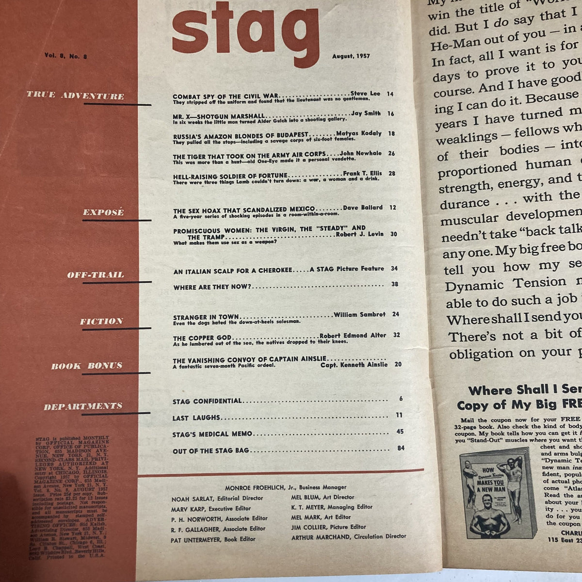 Interior page of VTG Stag Magazine August 1957, Volume 8, Number 8, displaying the table of contents and featured articles including adventure and military themes.