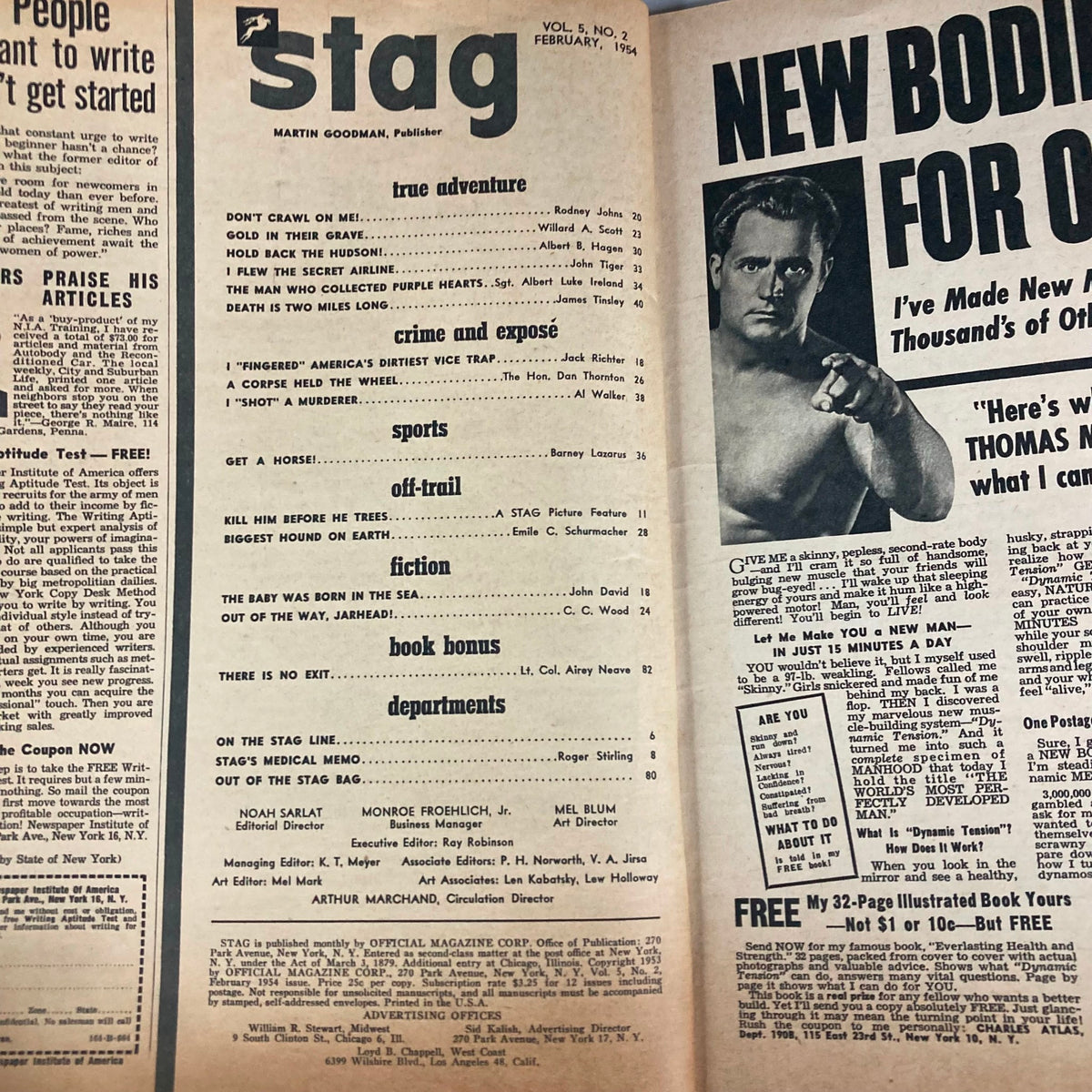 Inside page from VTG Stag Magazine February 1954 Vol 5 No. 2 showing the table of contents, including articles like 'I Flew The Secret Airline' and 'Fingered America's Dirtiest Vice Trap'.