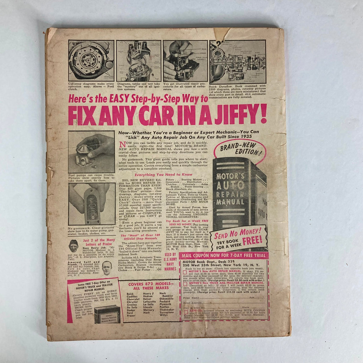 Back cover of VTG Stag Magazine February 1954 Vol 5 No. 2 with a large advertisement for an auto repair manual, promoting easy car repairs and related offers.
