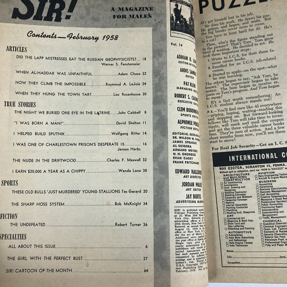 Contents page of VTG Sir! Magazine February 1958 showing articles including "When Al-Haddar Was Unfaithful" and other intriguing topics.