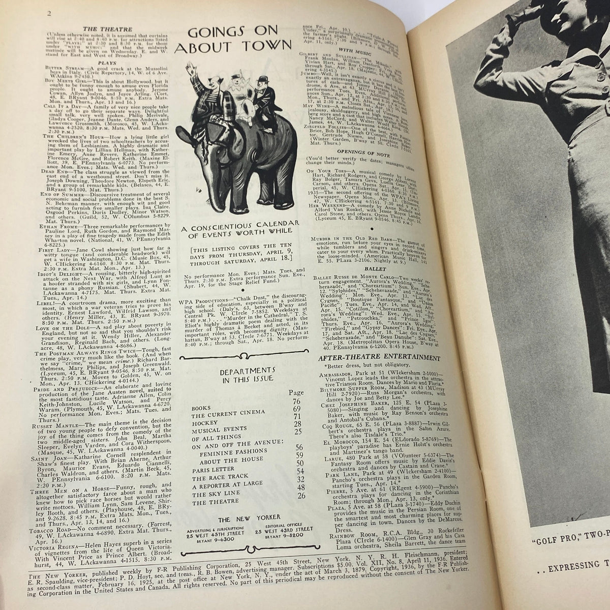 Interior page of The New Yorker Complete Magazine April 11, 1936 featuring a calendar of events and a whimsical illustration of people on elephants. The magazine is in very good condition for its age.