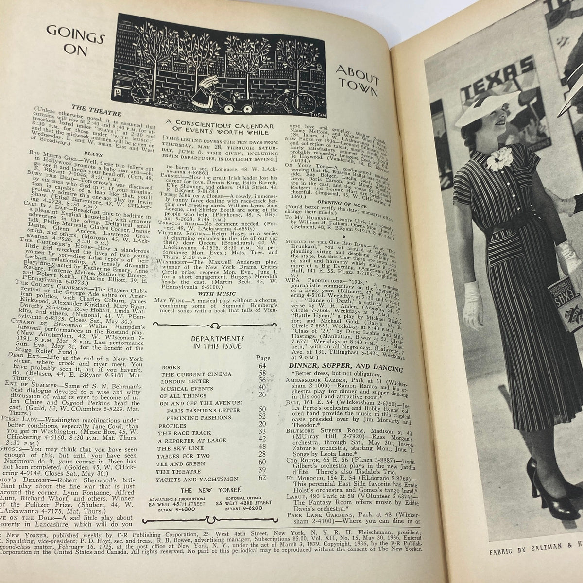 Interior page of The New Yorker Complete Magazine from May 30, 1936, featuring cultural content and calendar of events. The magazine includes listings for theatre performances and dining options from the era, reflecting the lifestyle of 1930s America.