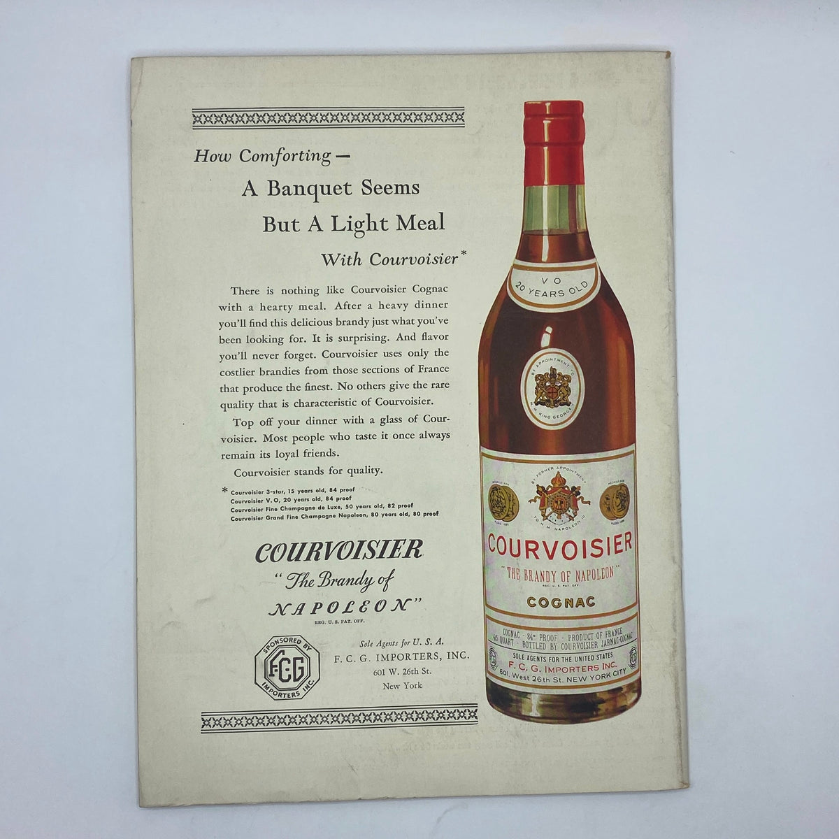 Courvoisier Cognac advertisement from The New Yorker Complete Magazine, October 17, 1936, promoting the brand as 'The Brandy of Napoleon'. Features a bottle of Courvoisier and descriptive text highlighting its unique qualities and taste.