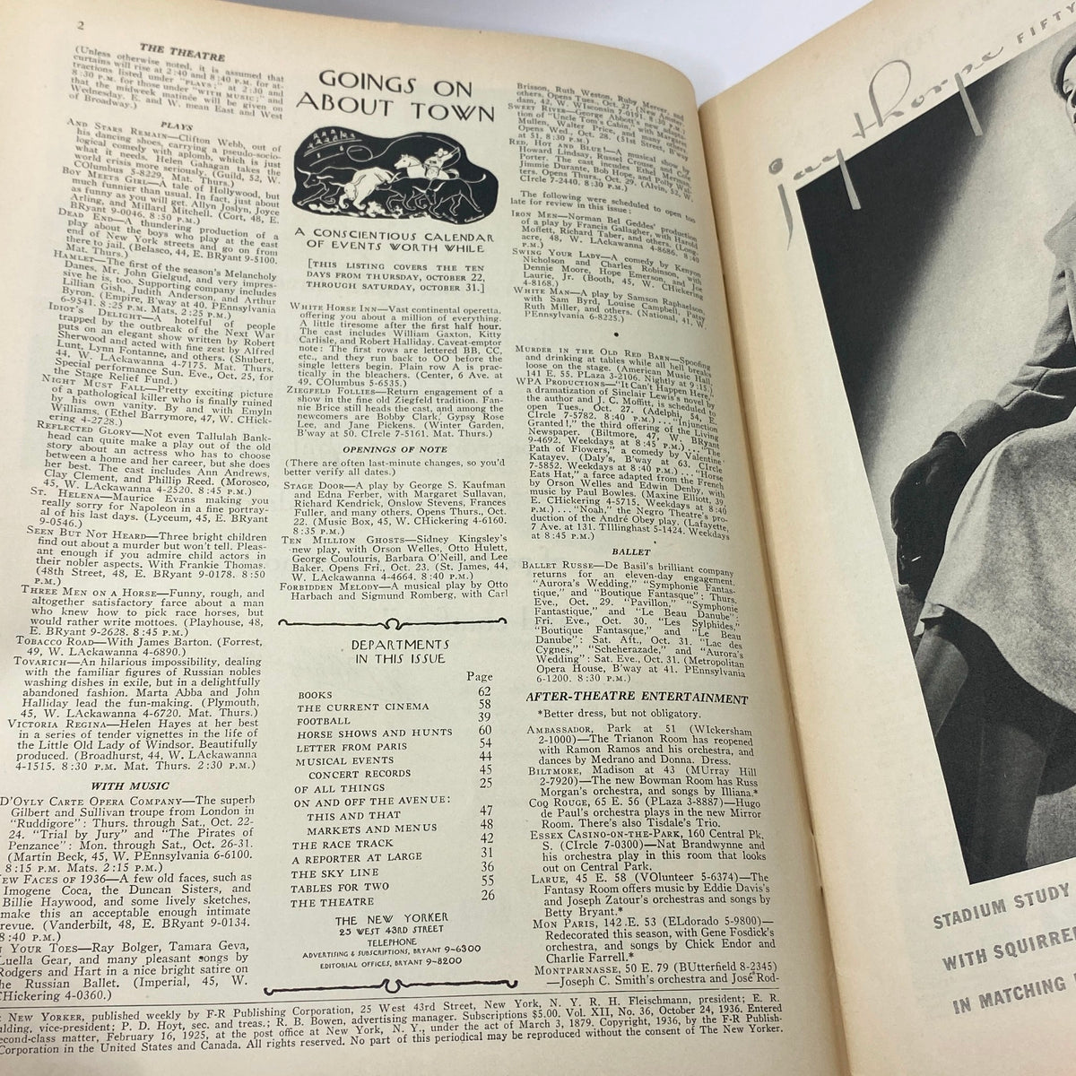 Interior page of The New Yorker magazine, October 24, 1936, featuring a section titled 'Goings On About Town' with event listings and cultural commentary.