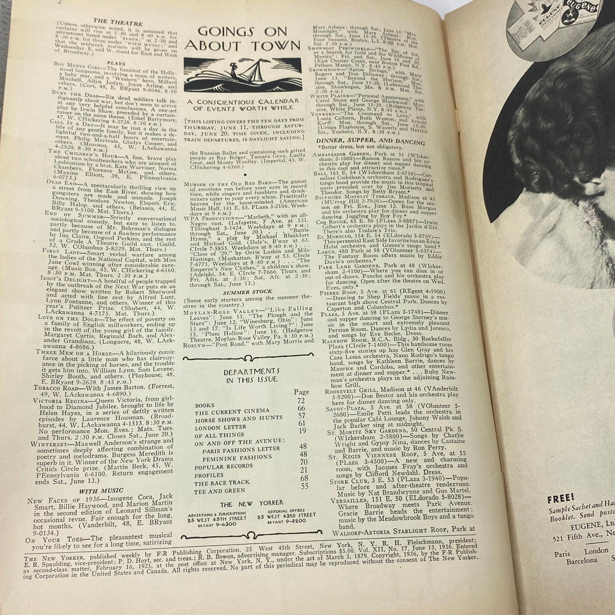 Interior page featuring the 'Goings On About Town' section from The New Yorker Complete Magazine June 13, 1936, showcasing various events and theater listings.