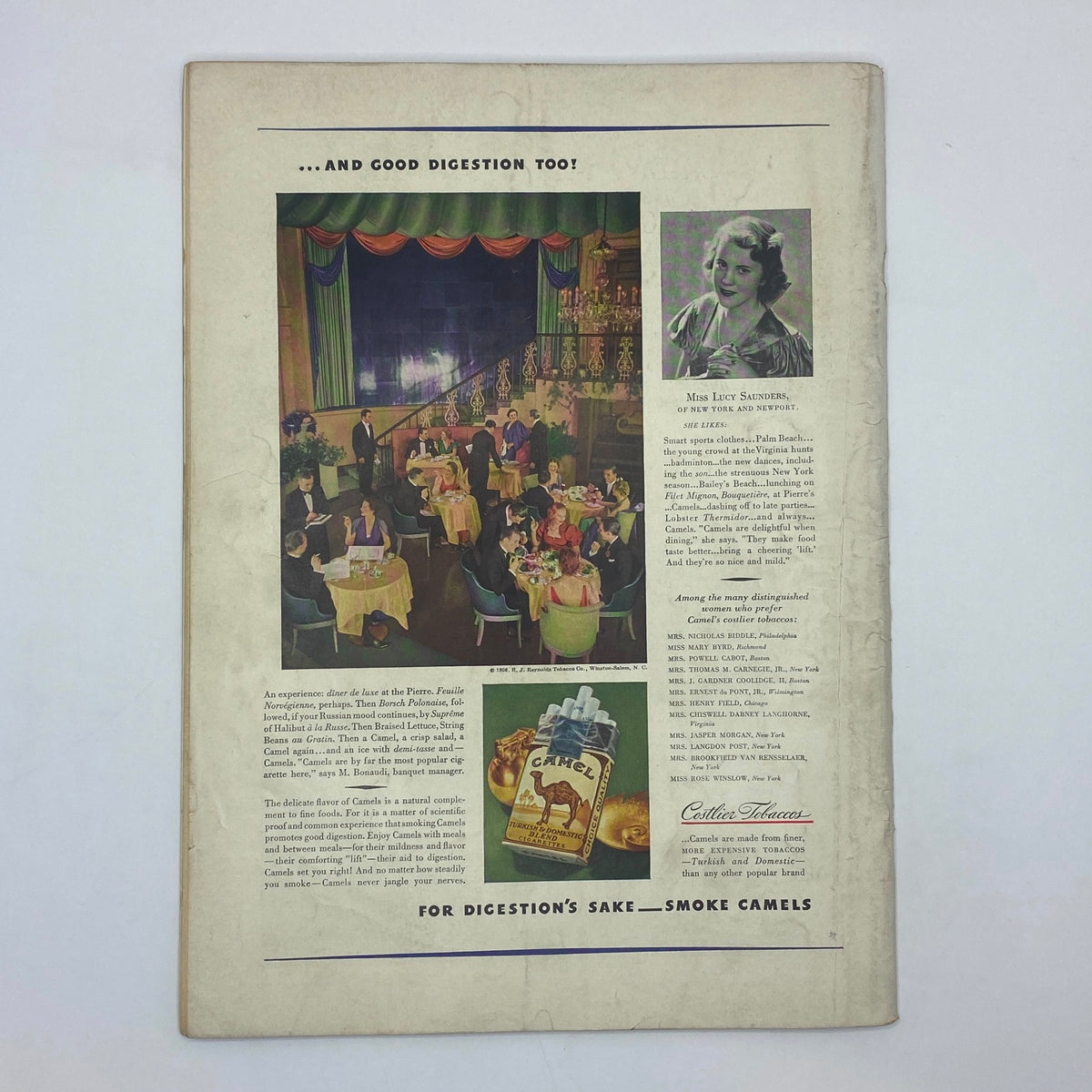 Back cover advertisement for Camel cigarettes in a dining setting from The New Yorker Complete Magazine June 13, 1936, illustrating social dining and product promotion.