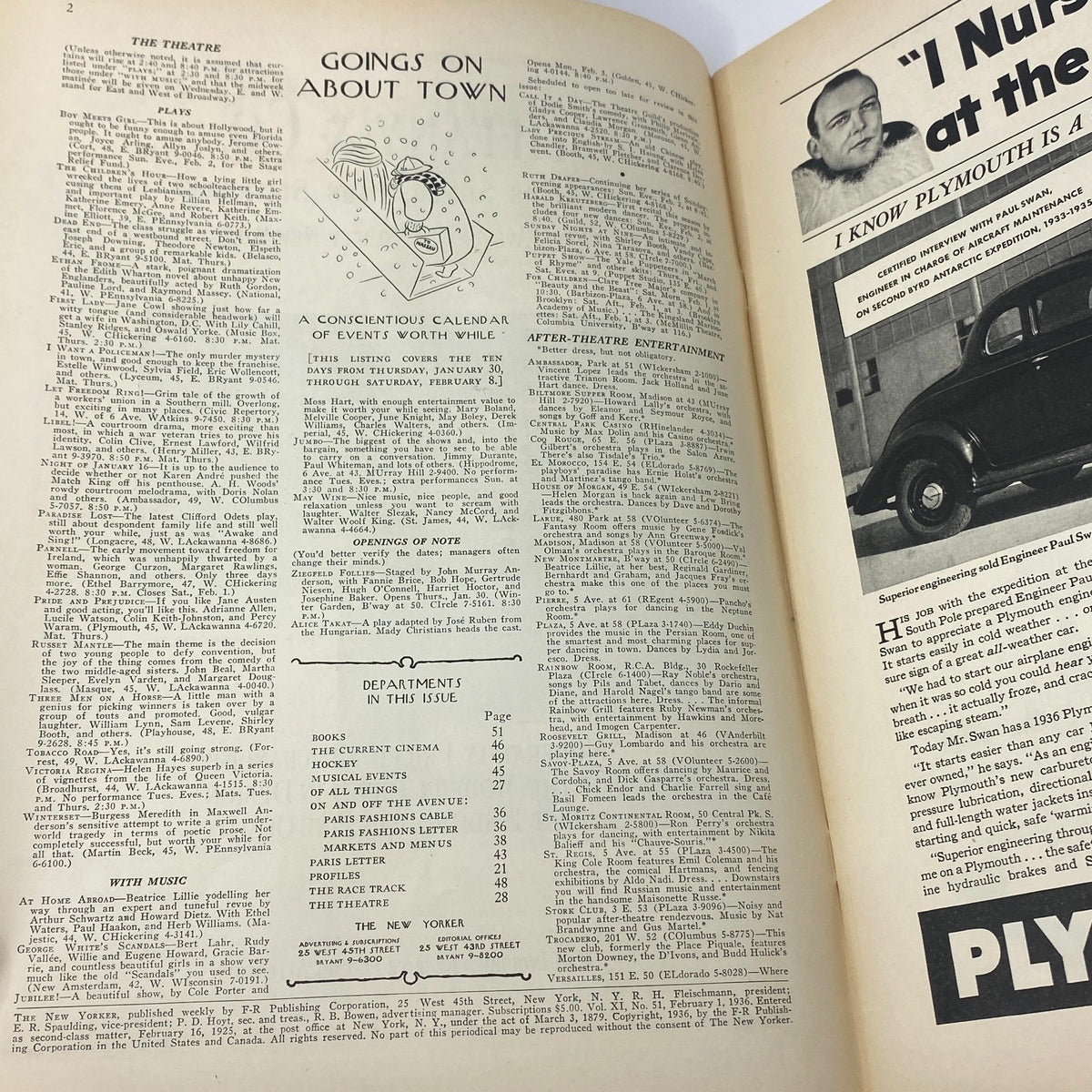 Interior page of The New Yorker magazine February 1, 1936, showcasing the 'Goings On About Town' section featuring theater listings and events.