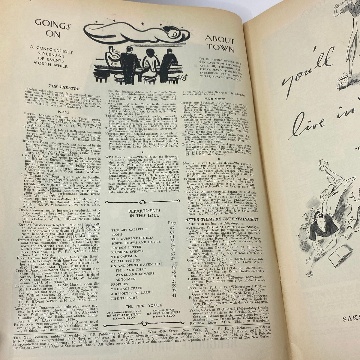 Interior spread of The New Yorker magazine May 2, 1936 featuring the section 'Goings On About Town' with listings and events. Vintage magazine by William Cotton.