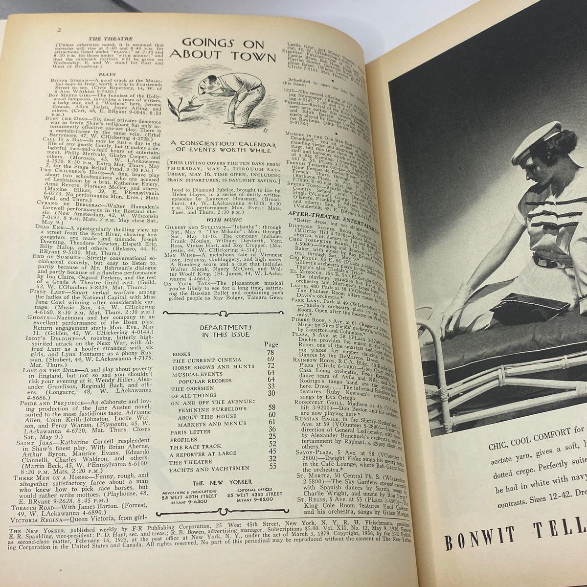 Page from The New Yorker magazine, May 9, 1936, featuring 'Goings On About Town' section, showcasing events and theatrical highlights, with a header design and vintage typography.