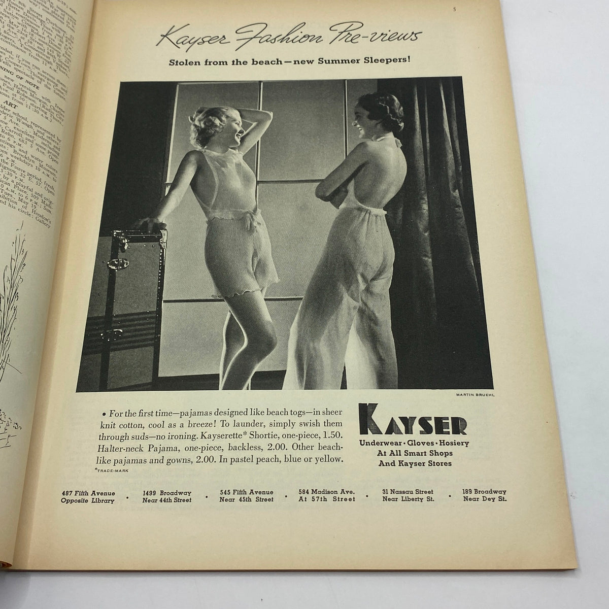 An advertisement in The New Yorker Complete Magazine May 16, 1936 for Kayser Fashion, featuring models wearing summer sleepwear against a stylish backdrop.