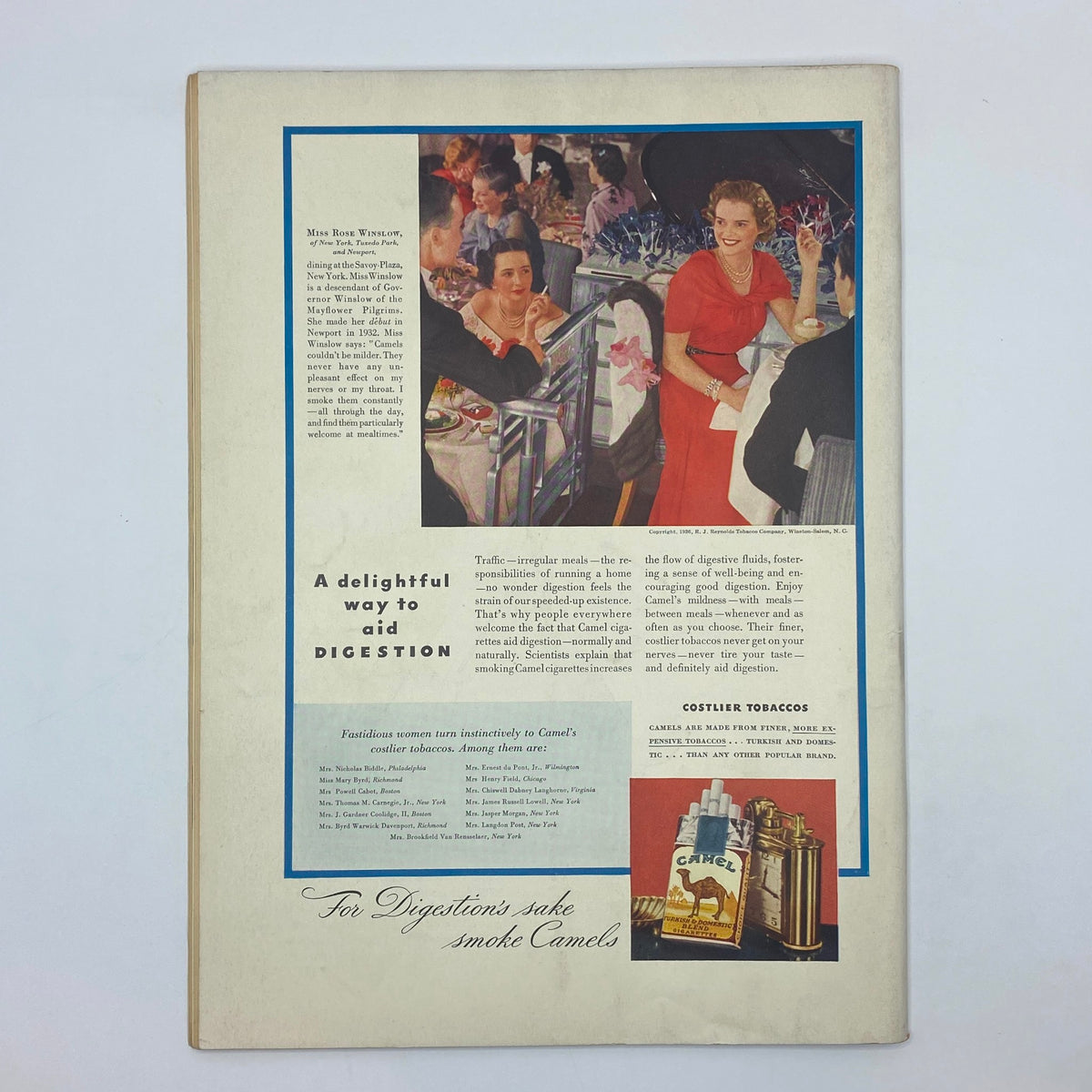 The back cover of The New Yorker Complete Magazine May 16, 1936 featuring a vintage advertisement promoting Camel cigarettes, highlighting a social scene with elegantly dressed women.