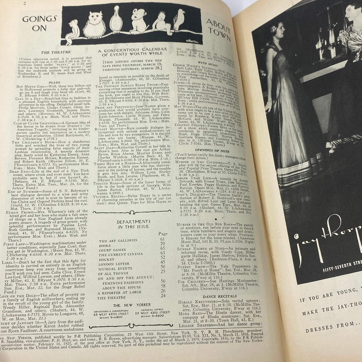 Interior page of The New Yorker Complete Magazine March 21, 1936 featuring a calendar of events with illustrations, showcasing the magazine's vintage design and cultural relevance.