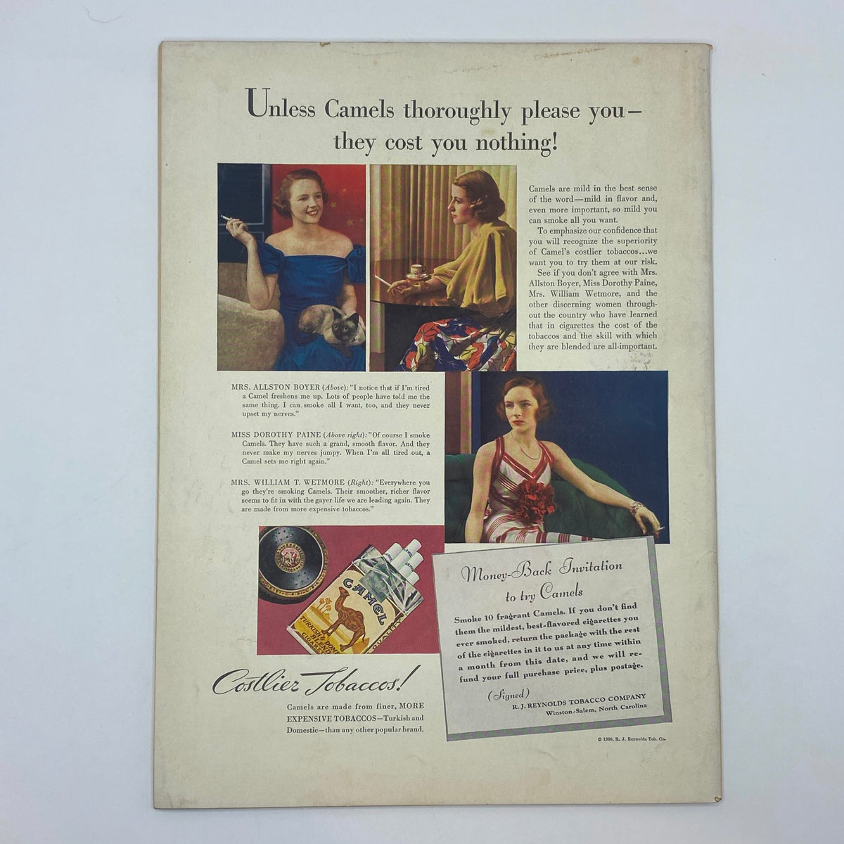 Back cover of The New Yorker Complete Magazine March 21, 1936 with an advertisement for Camel cigarettes, showcasing vintage marketing techniques and fashion.