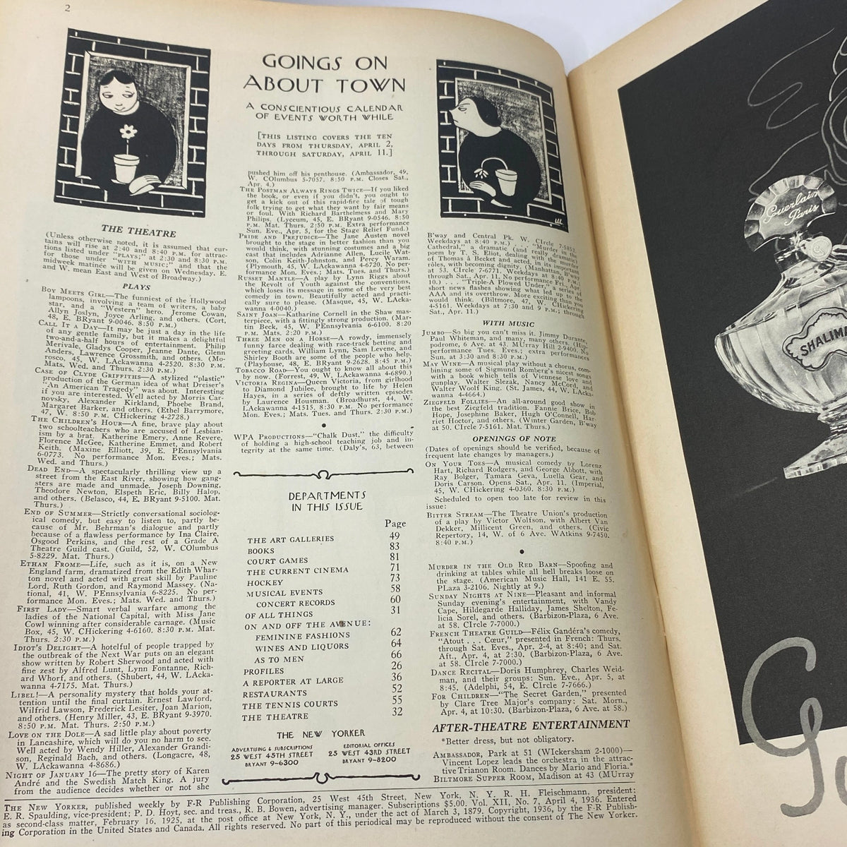 Interior page of The New Yorker magazine from April 14, 1936, displaying a calendar of events titled 'Goings On About Town', featuring articles about The Theatre and entertainment listings relevant to the era, collectively showcasing the magazine's classic content and design.