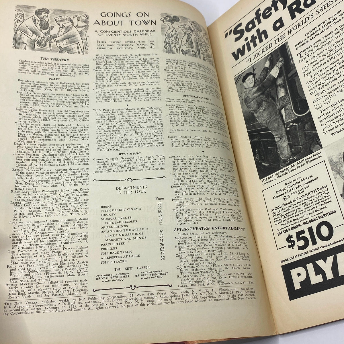 Interior page of The New Yorker Complete Magazine March 28, 1936 featuring the 'Goings on About Town' section with listings of plays and entertainment, contributing to the magazine's cultural snapshot.
