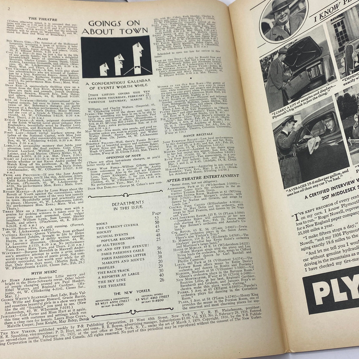 The New Yorker Complete Magazine February 29, 1936 featuring 'Goings On About Town' page with cultural events and listings, highlighting artistic and entertaining aspects of the era.