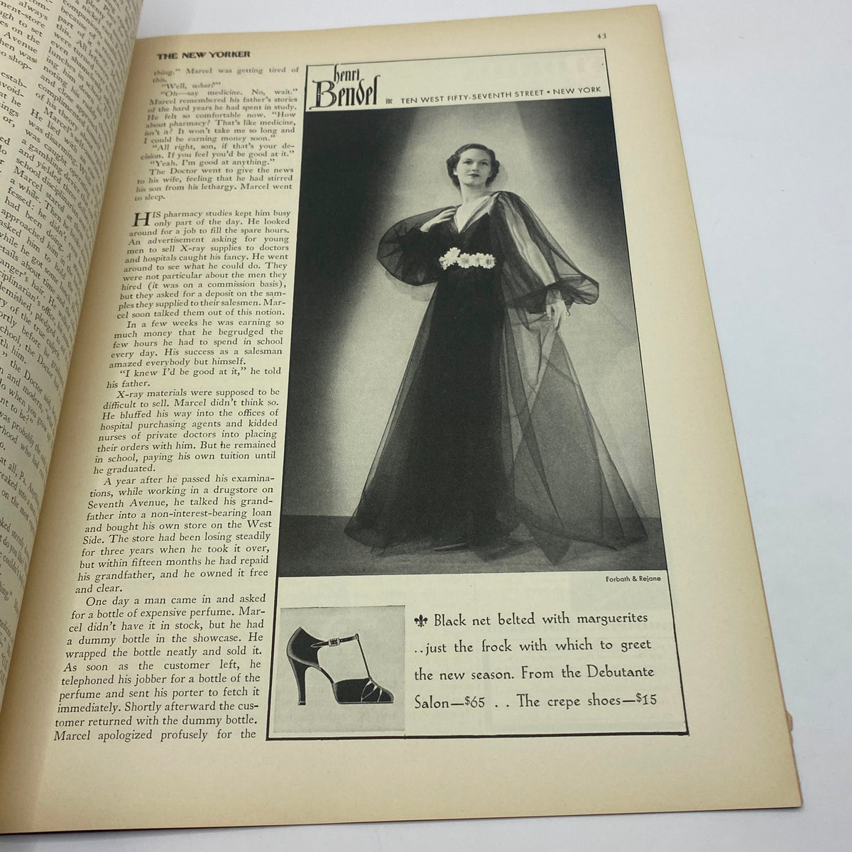 The New Yorker Complete Magazine February 29, 1936 showcasing a fashion advertisement for Henri Bendel, presenting elegant eveningwear designs from the 1930s.