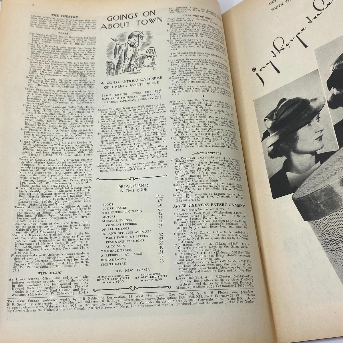 Page spread from The New Yorker Magazine, February 22, 1936, featuring 'Goings on About Town' including a calendar of events and various articles.