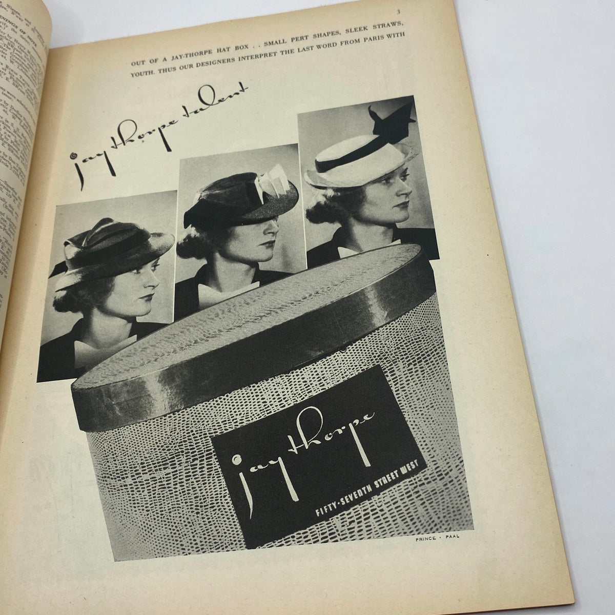 An advertisement from The New Yorker Magazine, February 22, 1936, showcasing Jay Thorpe hat designs with elegant women modeling featured hats.