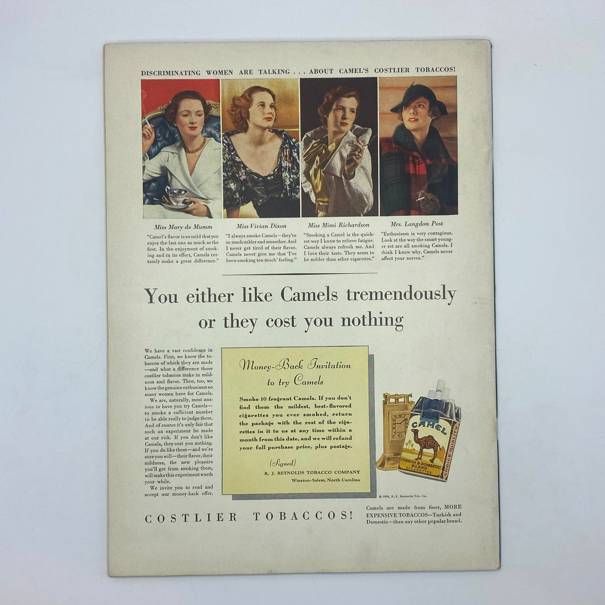 Back cover advertisement from The New Yorker Magazine, February 22, 1936, promoting Camel's costlier tobaccos with images of women discussing their experiences.