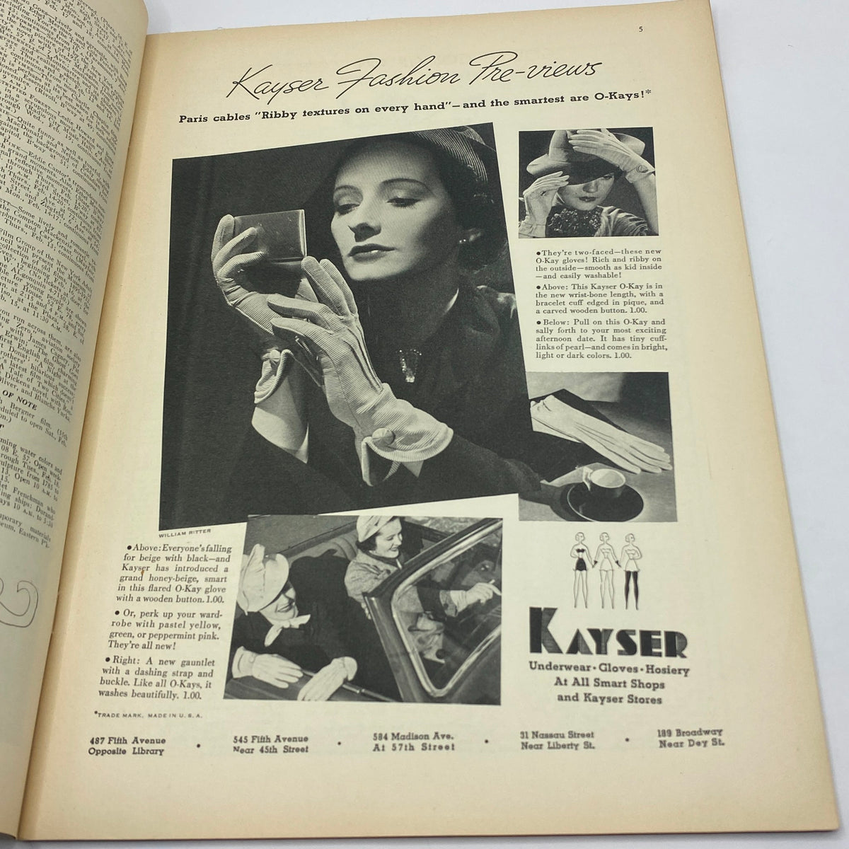 Fashion advertisement from The New Yorker Complete Magazine February 15, 1936, featuring a model showcasing Kayser gloves and accessories, highlighting fashion trends of the 1930s.