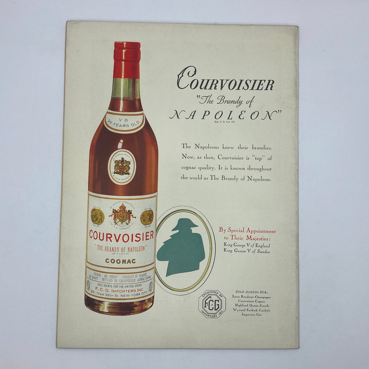 Advertisement for Courvoisier cognac from The New Yorker Complete Magazine February 15, 1936, emphasizing its quality as 'The Brandy of Napoleon' with a detailed image of the bottle.