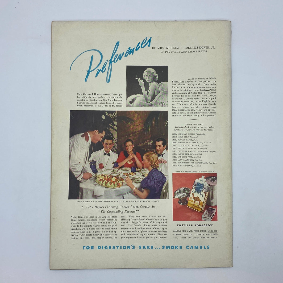 The back cover of The New Yorker Complete Magazine August 8, 1936 showcasing a glamorous dining scene with elegantly dressed guests enjoying a meal, promoting Camel cigarettes. The design reflects the fashionable lifestyle of the 1930s.