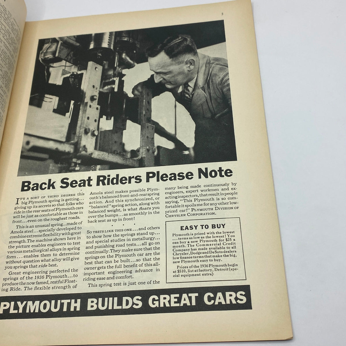 Advertisement from The New Yorker magazine, August 15, 1936, promoting Plymouth cars with a focus on vehicle comfort and technology, highlighting historical advertising styles.