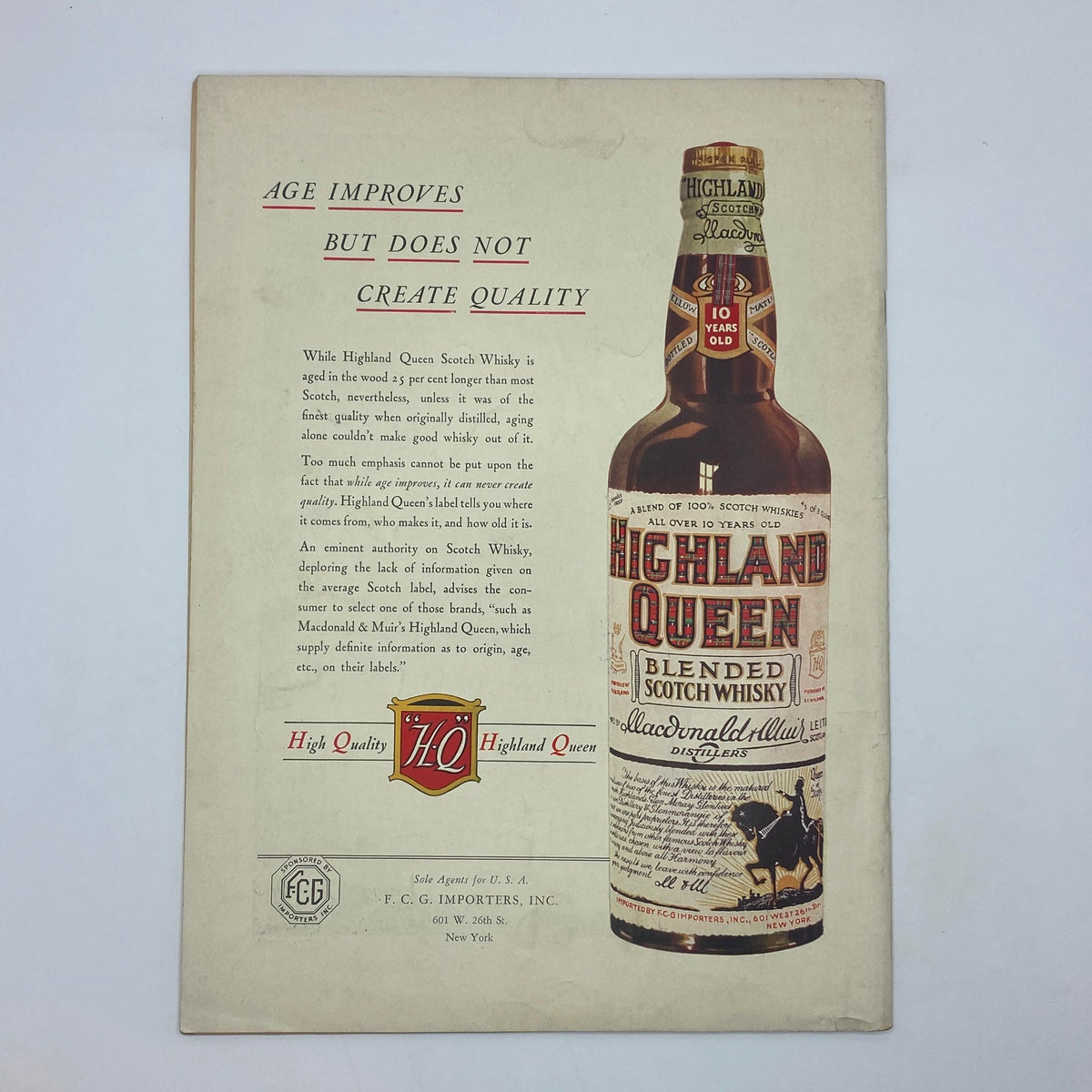 Vintage advertisement featuring Highland Queen Blended Scotch Whisky, emphasizing the message 'Age Improves But Does Not Create Quality'. Includes details about the whisky's aging process and branding, aligning with the New Yorker Complete Magazine August 15, 1936.