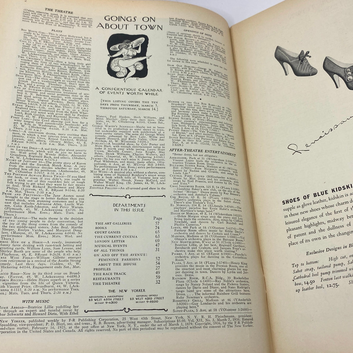 Page from The New Yorker magazine, March 7, 1936, featuring listings and entertainment events, showcasing the cultural insights of the era.